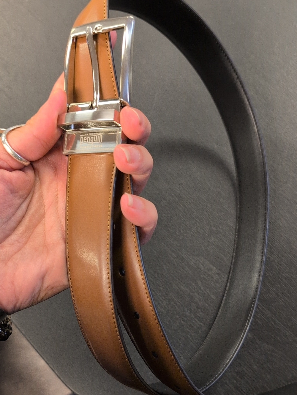 Original Penguin Reversible Brown and Black Leather Belt with Silver Buckle